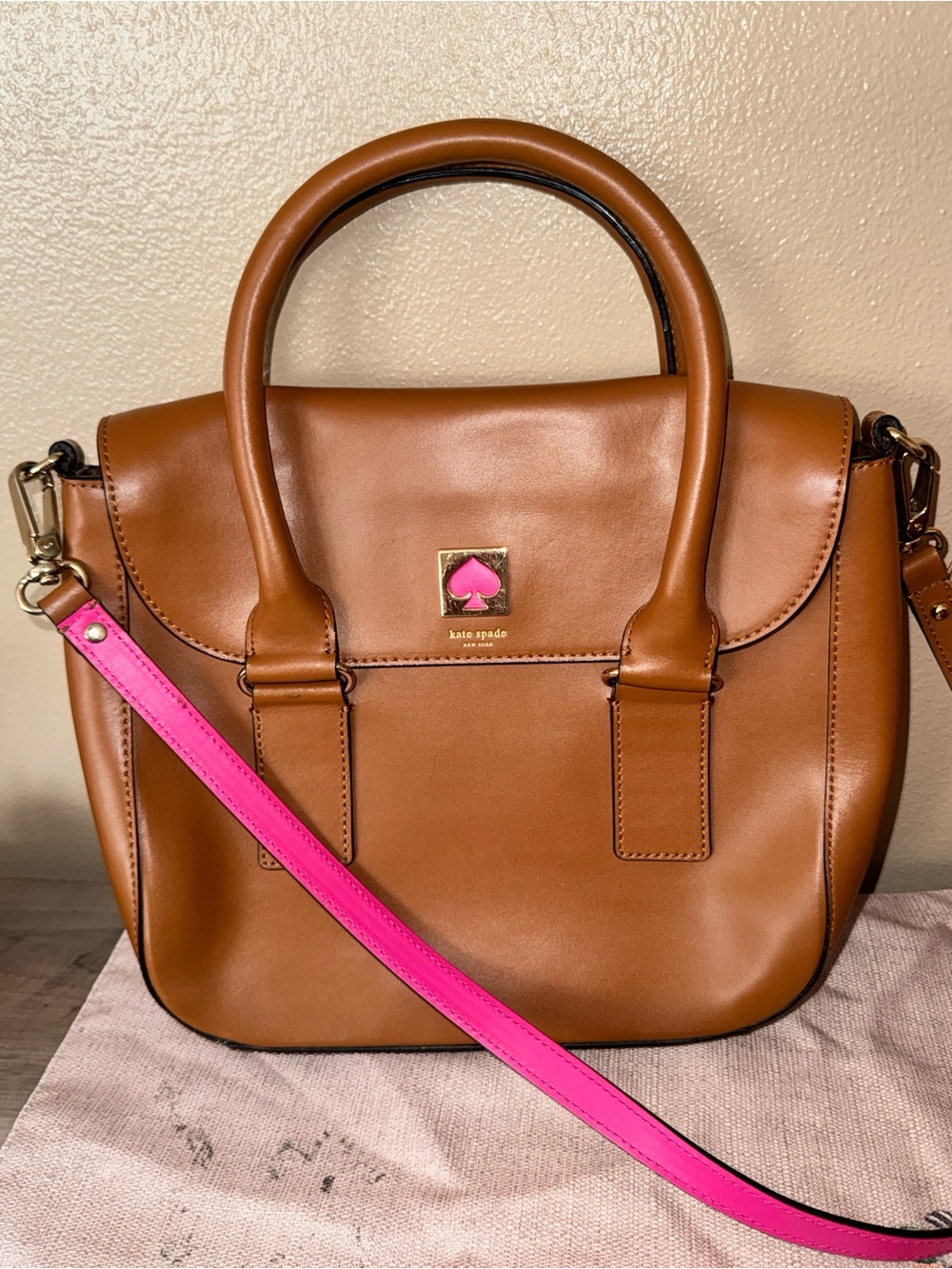 kate spade NY Bond St Flo Tan Leather Satchel with Pink Strap